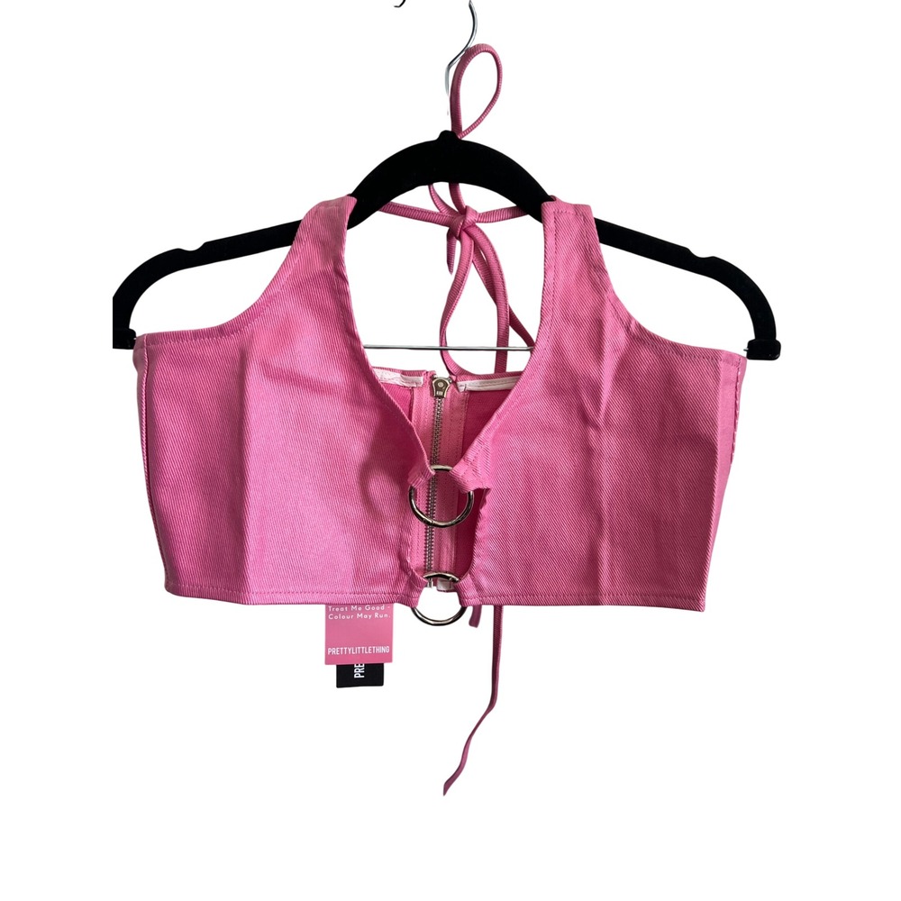 PRETTYLITTLETHING Pink Ring Detail Coated Denim Tie Neck Bralette Top Size US 6